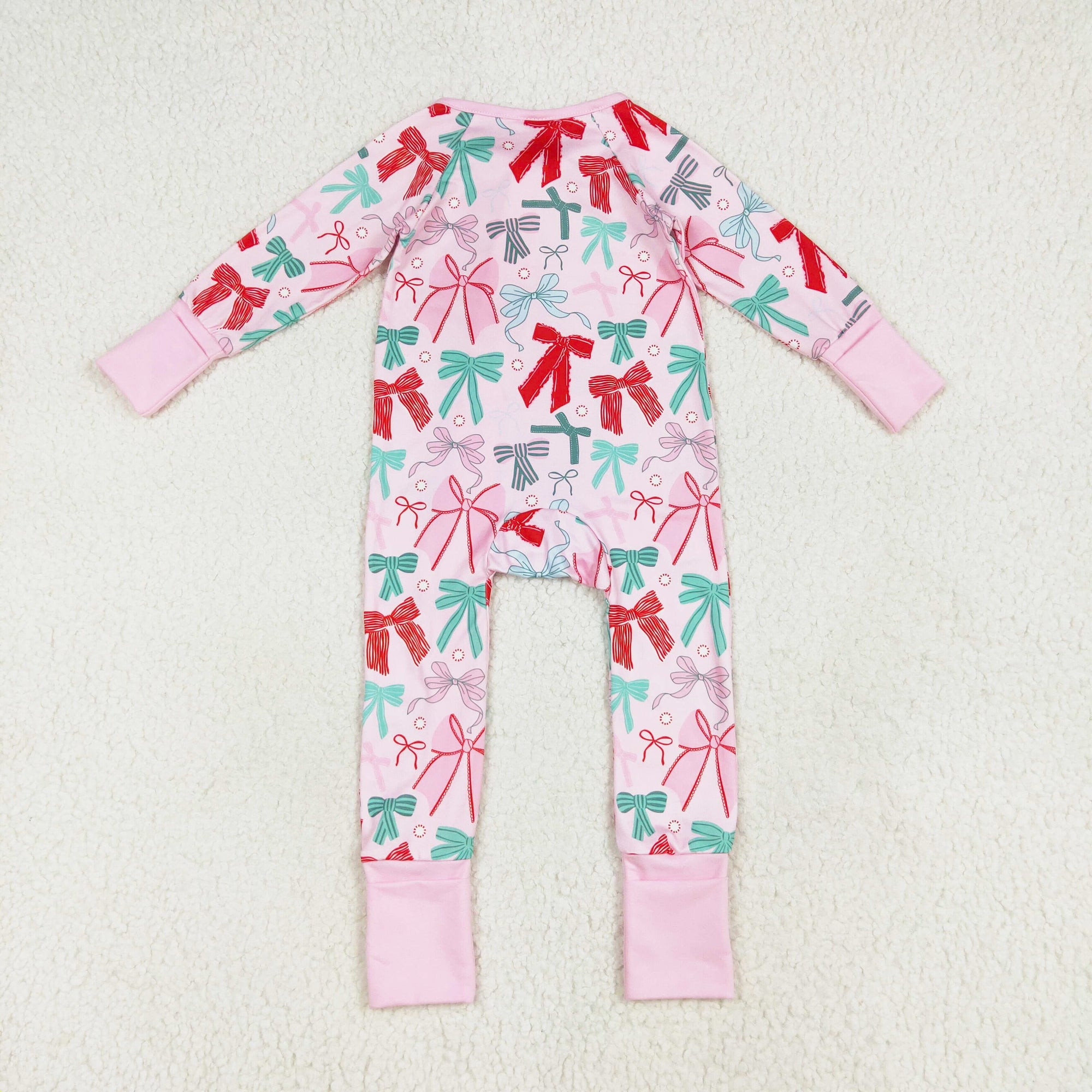 pink green red bow print zip sleeper