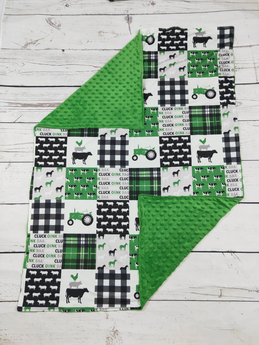 farm animal tractor print green baby blanket