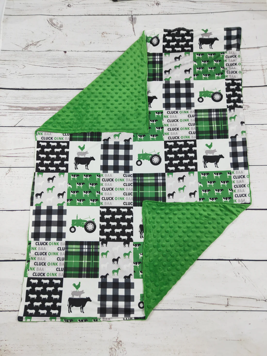 farm animal tractor print green baby blanket