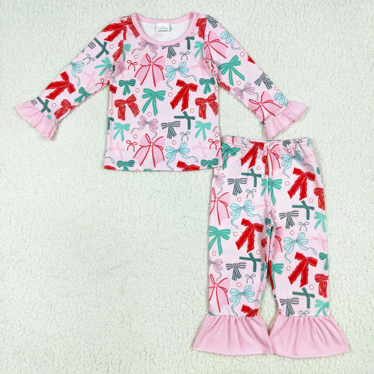 green red bow coquette girl Christmas pajama lounge set