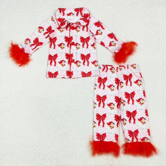 red bows santa print fur button down pajama set