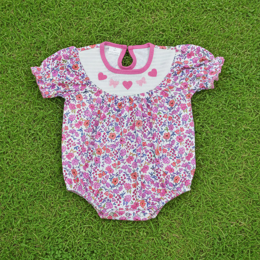 pink floral heart and bow embroidery romper