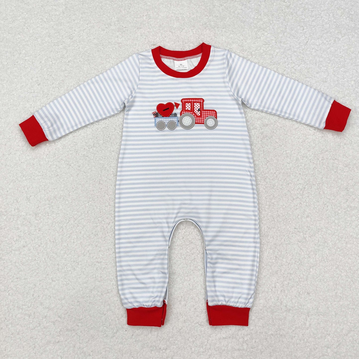 valentine gray stripes embroidered heart truck boys romper