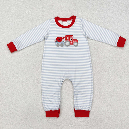 valentine gray stripes embroidered heart truck boys romper