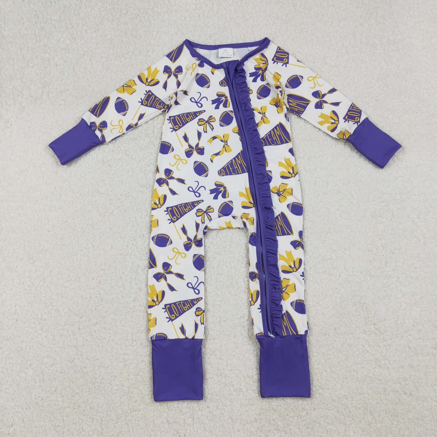 purple go team football ruffle zipper sleeper