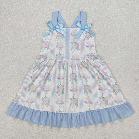 flower bow cake print strap dress kids dresses