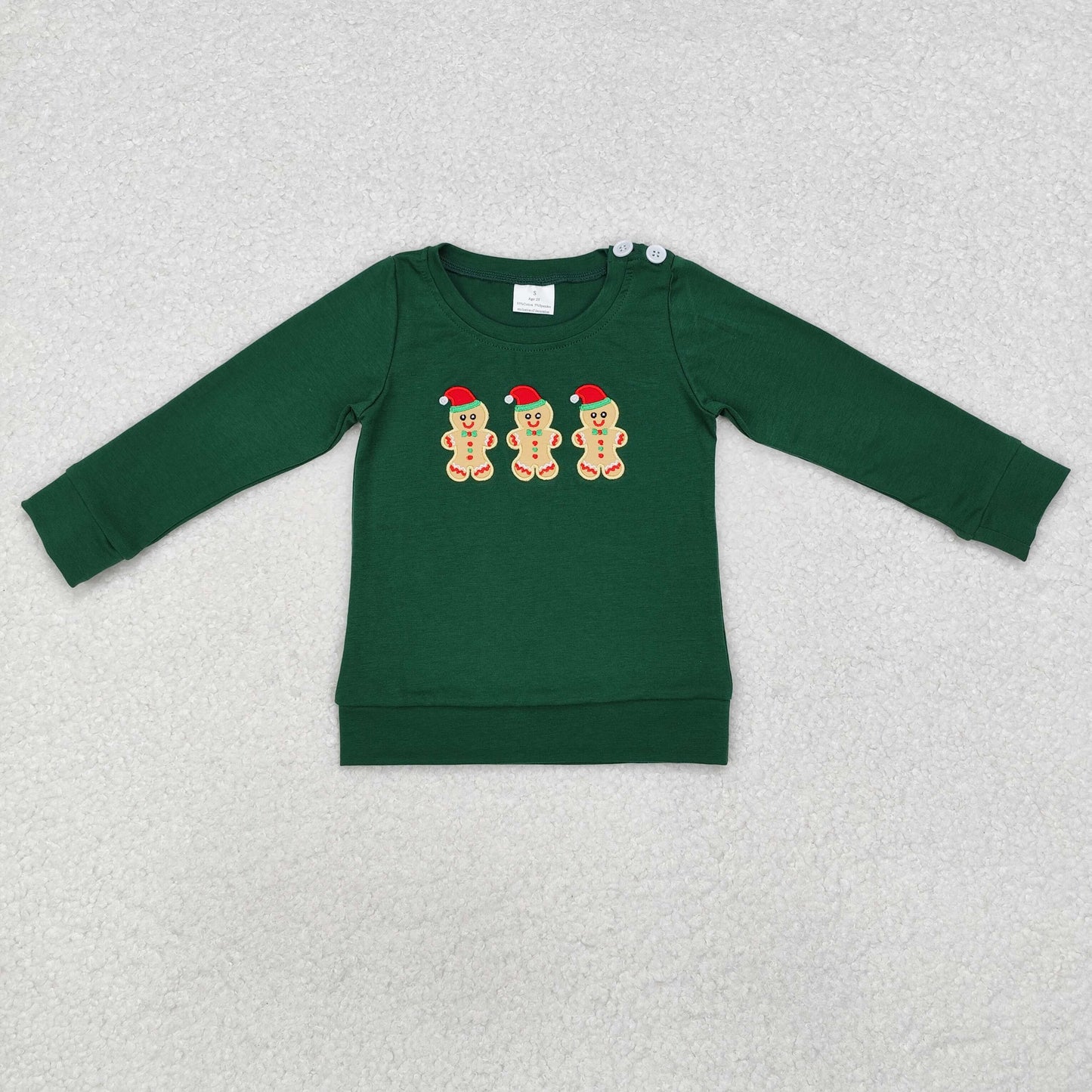 boy cotton green gingerbread embroidery pullover