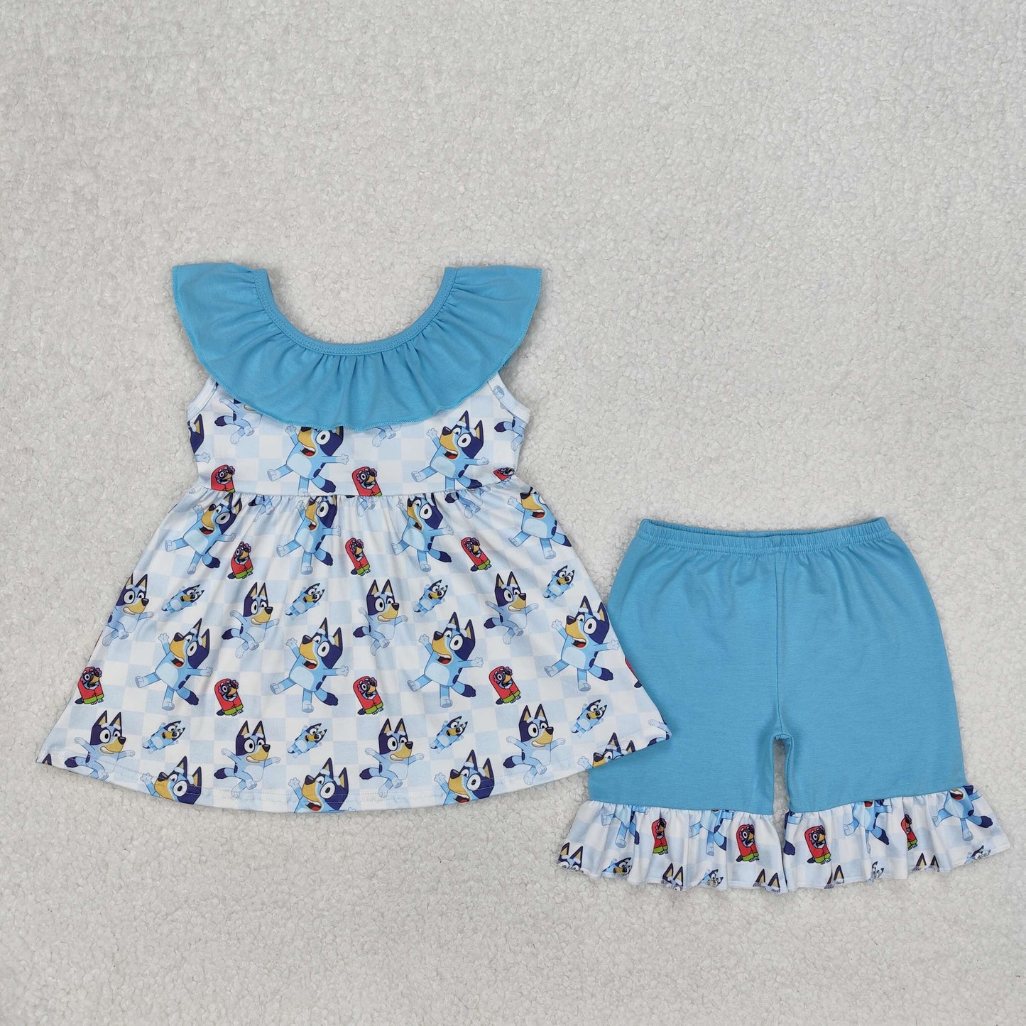 blue dog blu*y back bow ruffle shorts set girls clothing