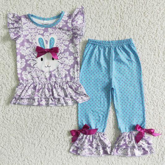 girl easter rabbit outfit blue ruffle pants set