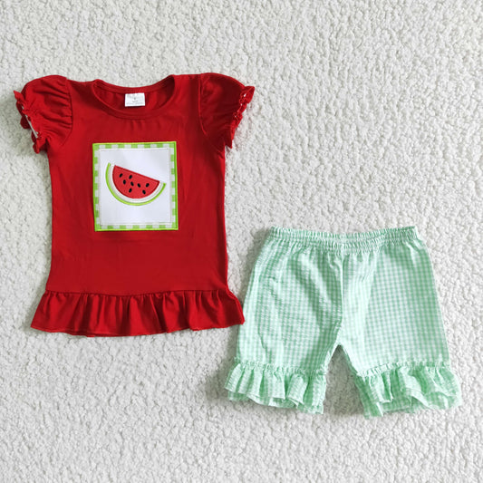 girl summer clothes watermelon embroidery shorts set D5-11