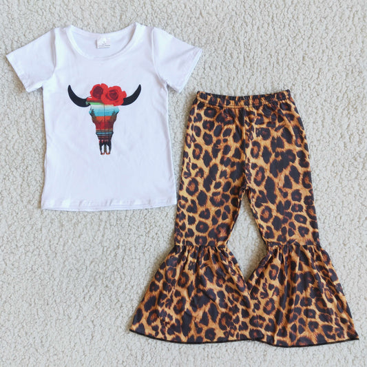 girl cow print leopard bell botton outfit