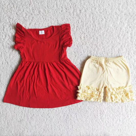 red solid color ruffle shorts set