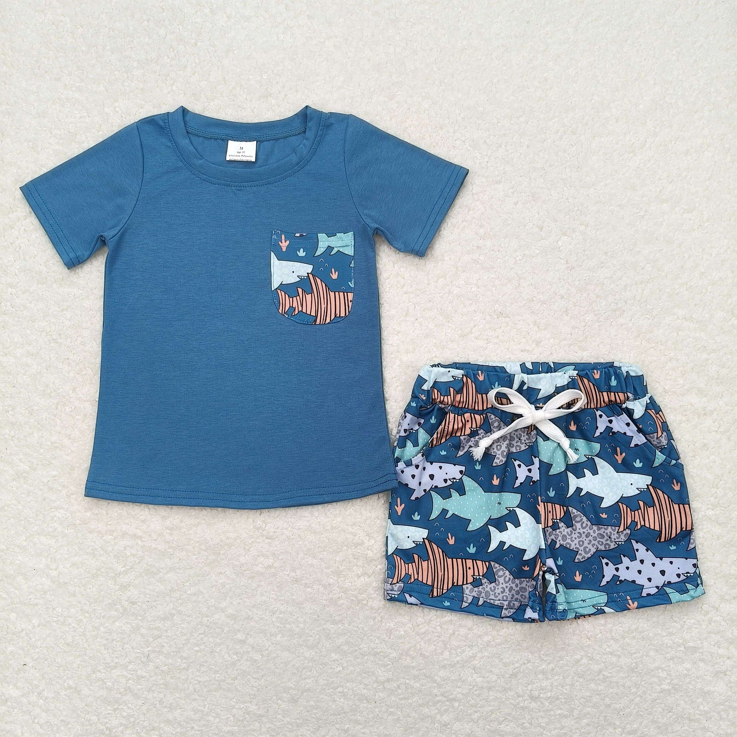 summer baby boy ocean shark pocket shorts set