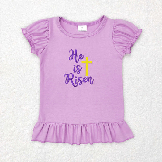 he is risen baby girl embroidery purple ruffle t-shirt