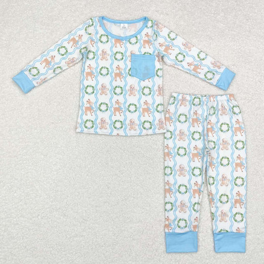 boys gingerbread&reindeer Christmas bamboo pajama set blue