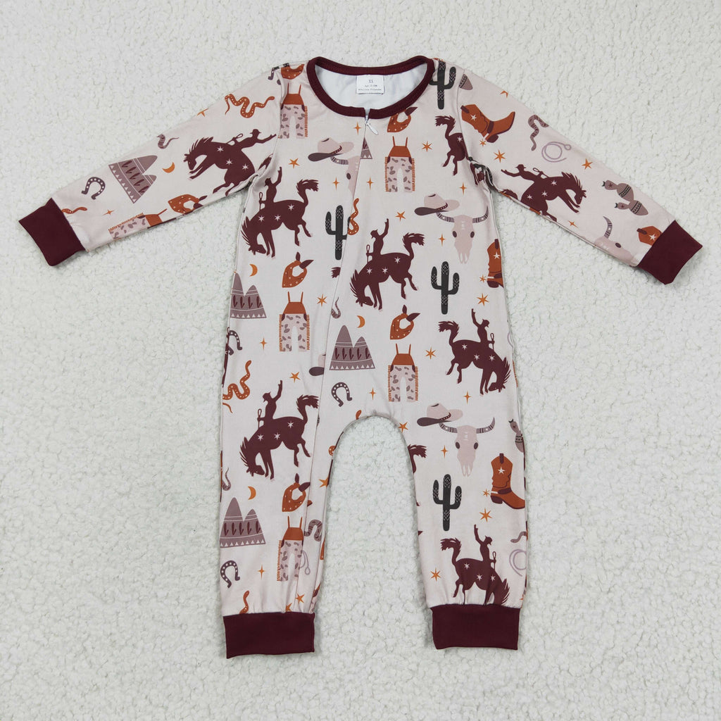 western rodeo brown baby boy zipper romper