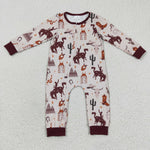 western rodeo brown baby boy zipper romper