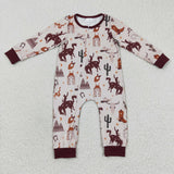 western rodeo brown baby boy zipper romper