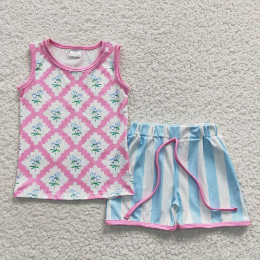 summer girl's pink blue flower shorts set outfit