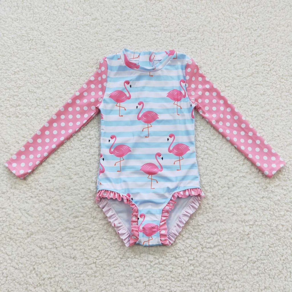 kids little girl pink flamingo rash guard swimsuit