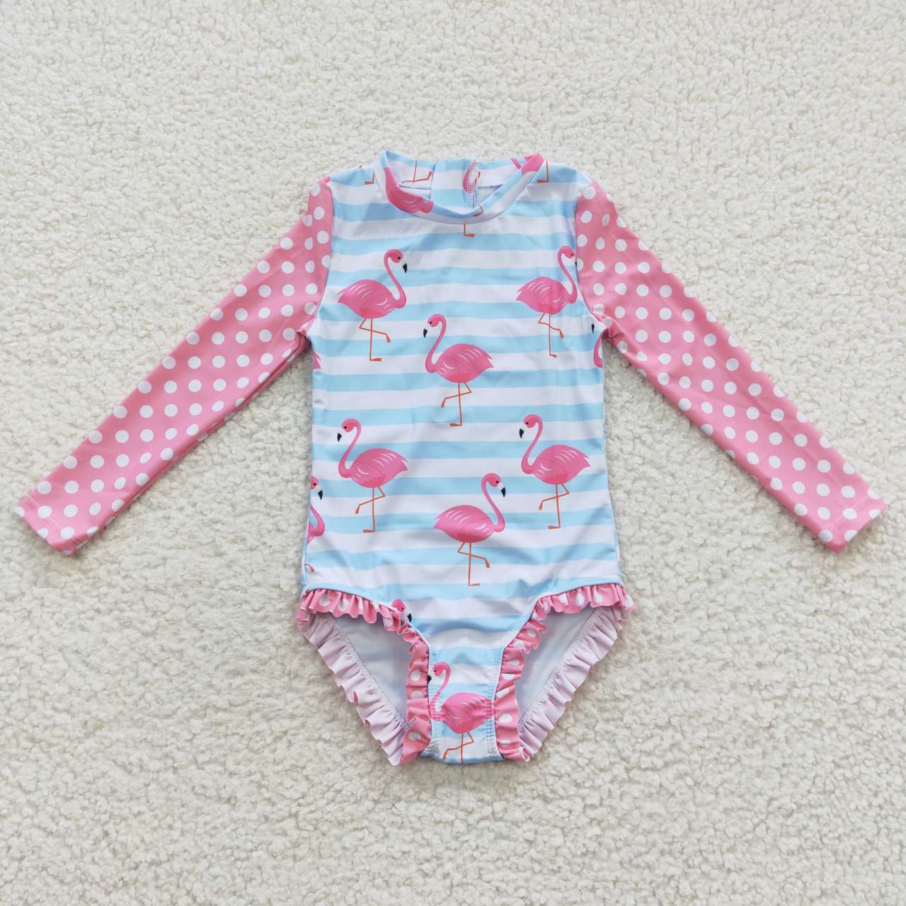 kids little girl pink flamingo rash guard swimsuit