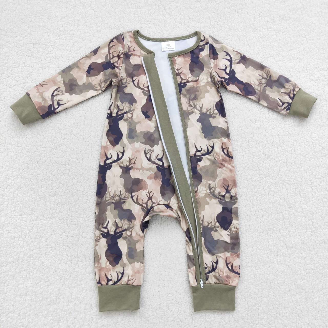 green camo deer print baby boy sleeper