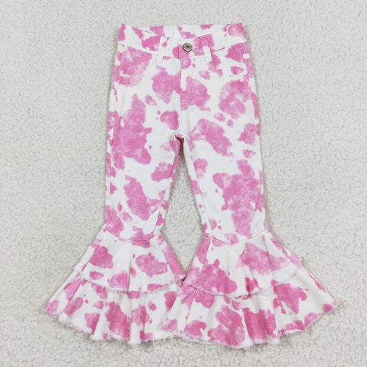 kids pink cow print denim pants girl ruffle jeans