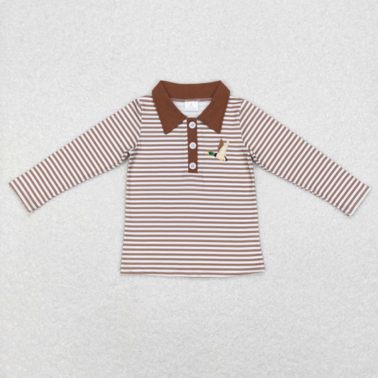 little boy brown stripe duck embroidery polo pullover