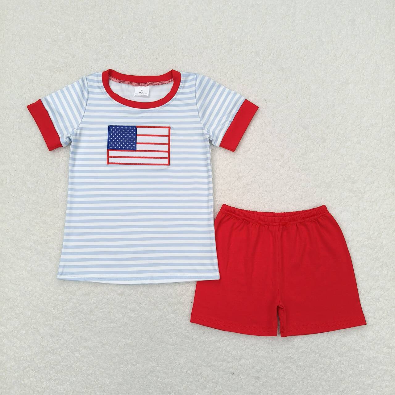 USA flag embroidery boy red shorts set patriotic clothing