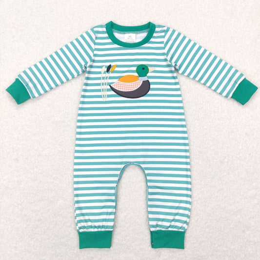 baby boy spring green stripe duck embroidery romper