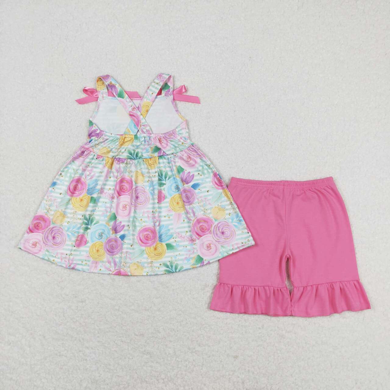 stripes flower strap shorts set pink