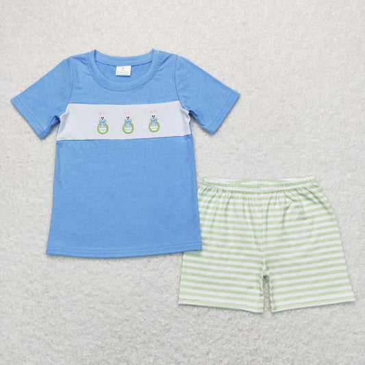 boy easter clothes rabbit embroidery shorts set blue