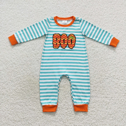 blue stripe boo embroidery baby boy romper