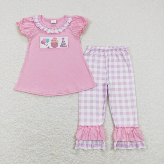 baby girl pink birthday embroidery ruffle pants set