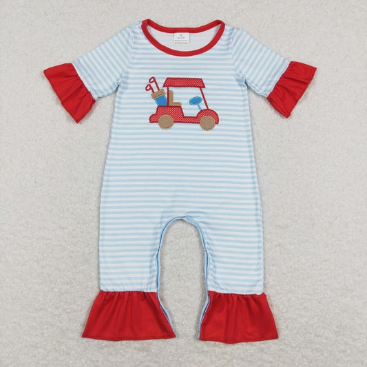 baby girl ruffle blue red golf embroidery romper