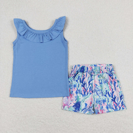 girl summer clothing sleeveless shorts set blue