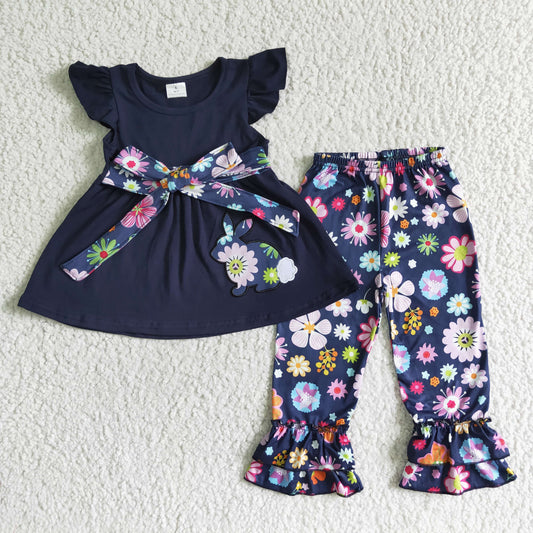 navy blue rabbit embroidery floral ruffle panst set
