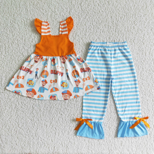 orange blue cartoon girls pants set