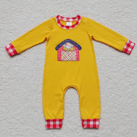 Sibling farm house mbroidery baby boy fall romper