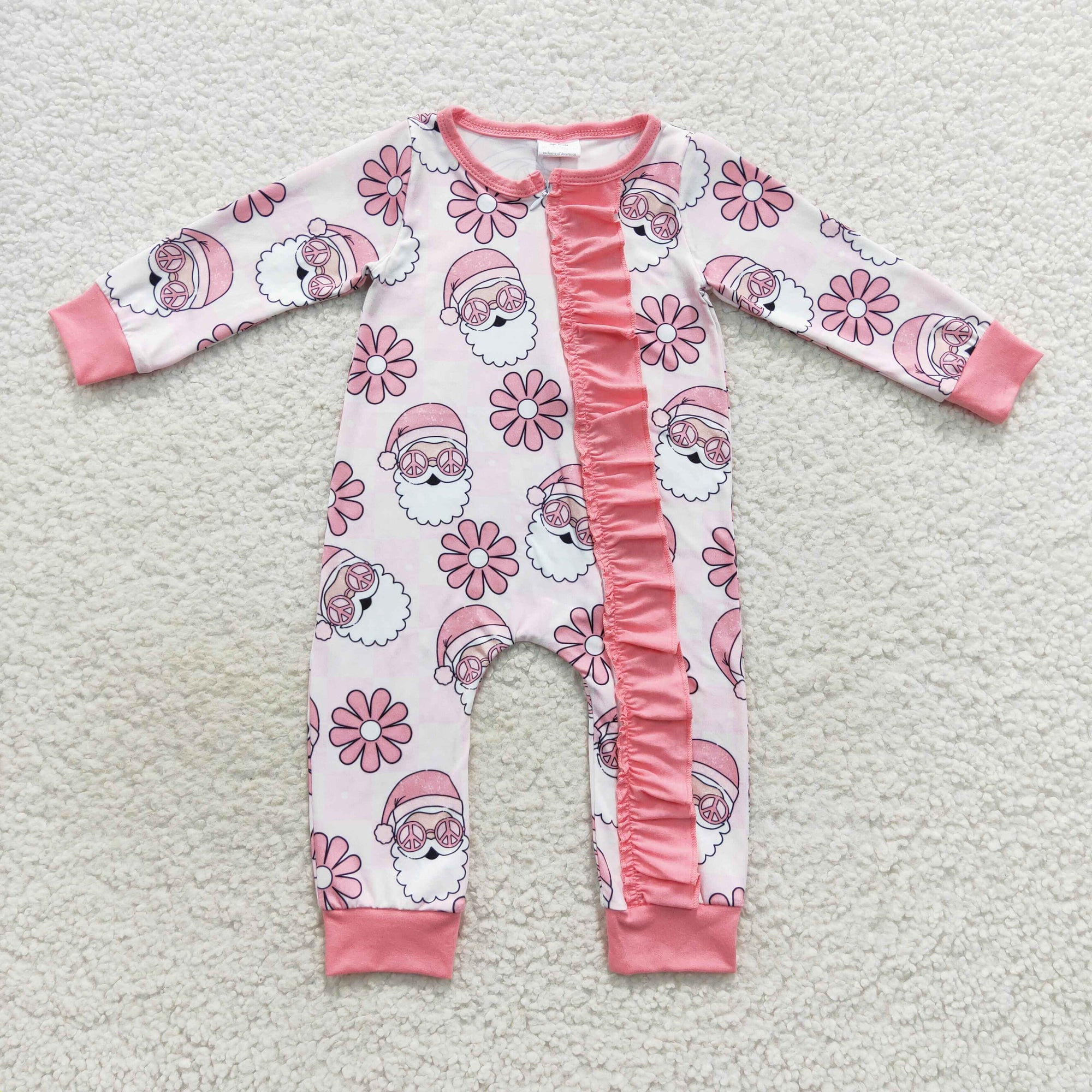 cute pink santa print ruffle zipper sleeper