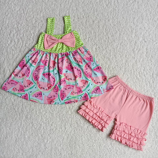 pink strap watermelon shorts set