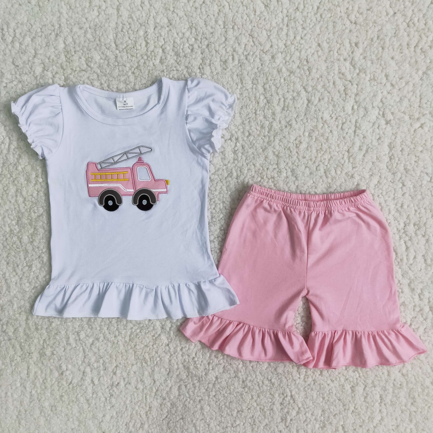white pink firefight truck girl summer shorts set