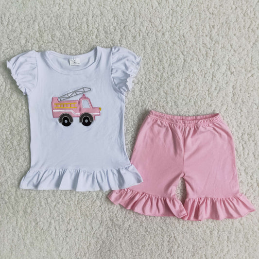 white pink firefight truck girl summer shorts set