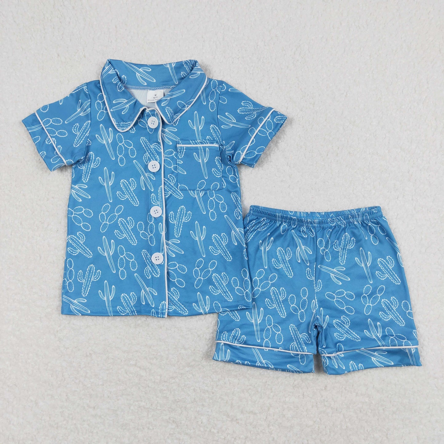 kids blue cactus print summer pajama outfit