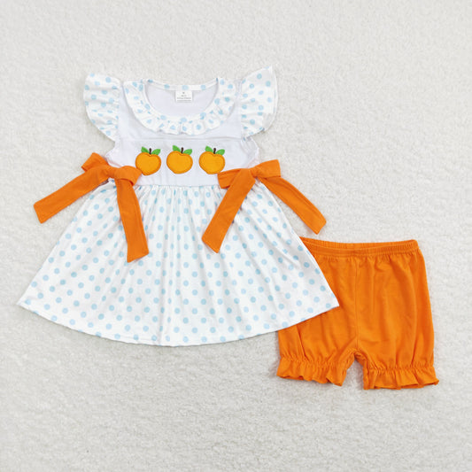 orange peach embroidery girl bow shorts set