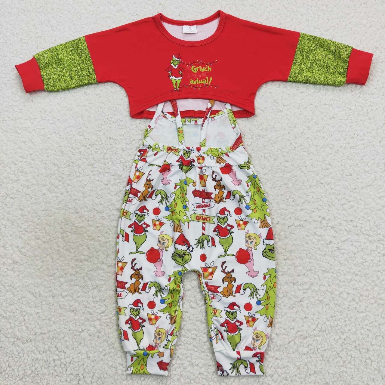 Christmas grinchey crop top and strap jumspuit set