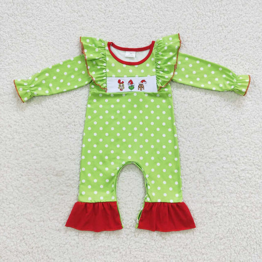 Baby girl green polk dots grinchey embroidery romper