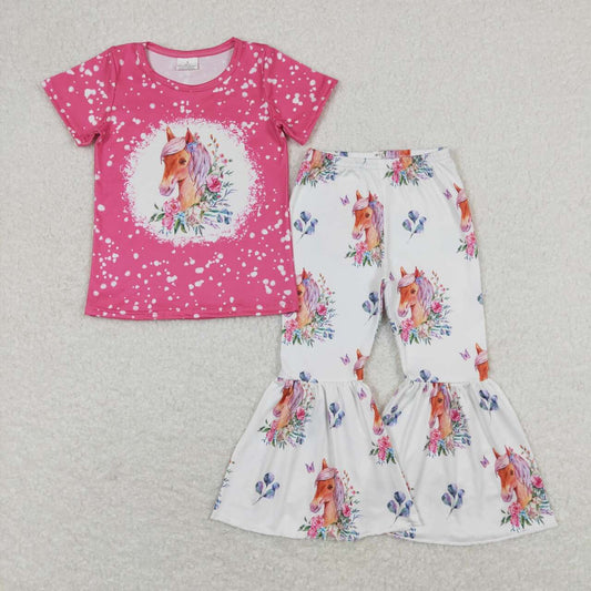 pink horse print bell bottom outfit girl spring clothing
