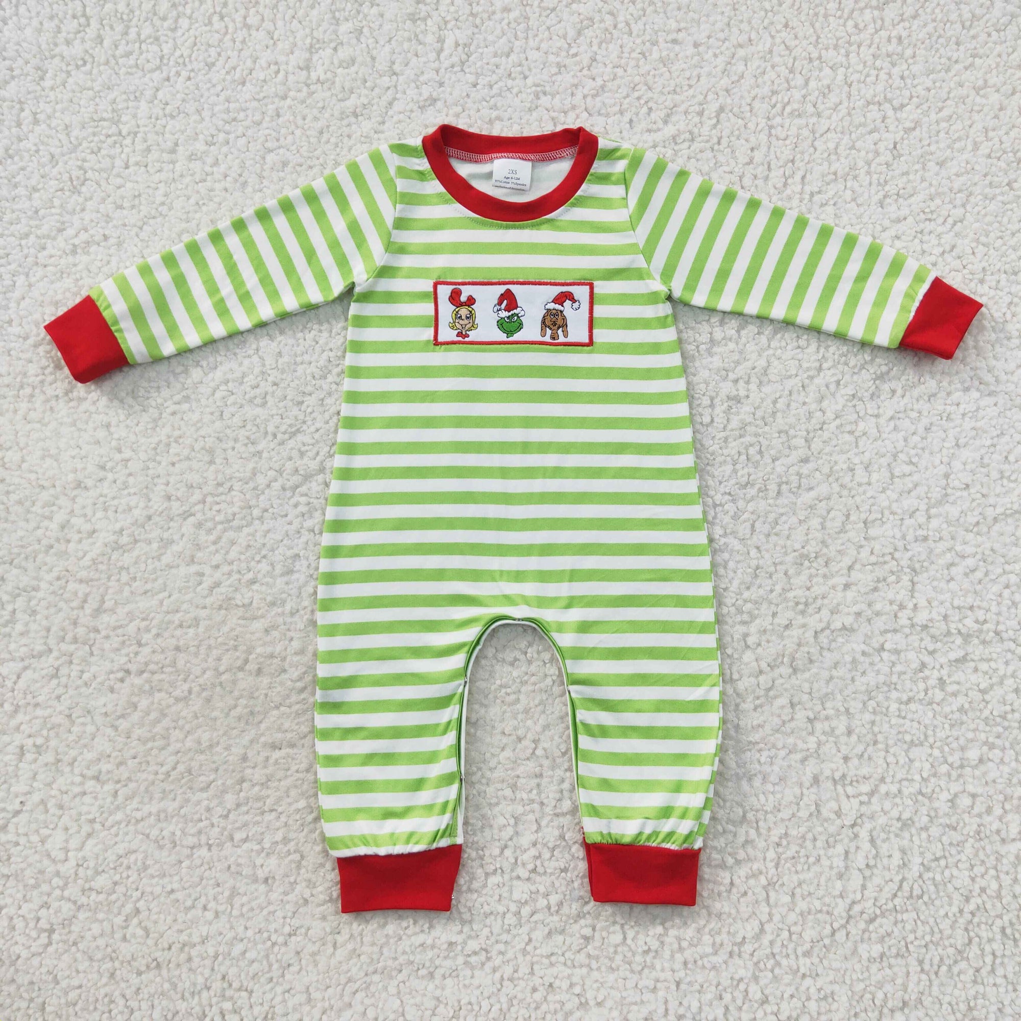 Baby boy green stripe embroidered romper