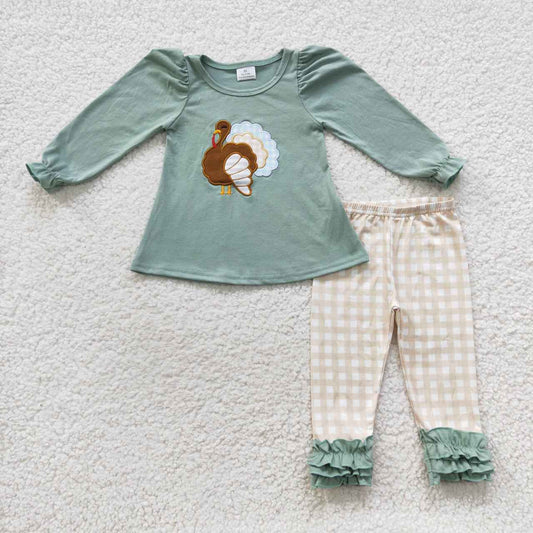 Thanksgiving day turkey embroidery little girl icing pants set